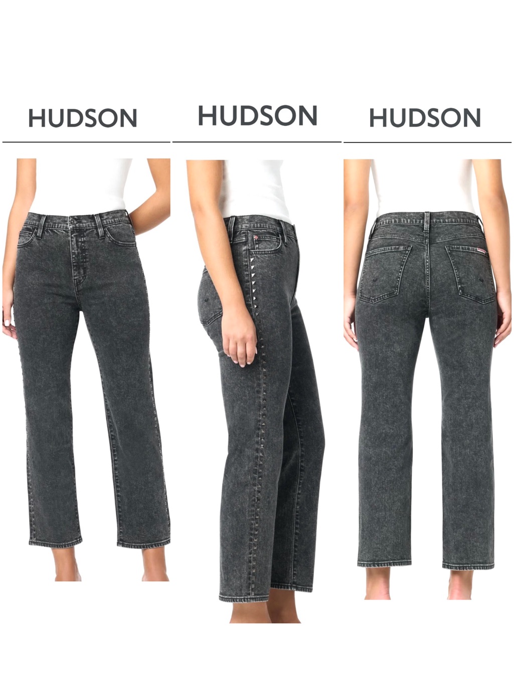 Hudson Noa West High Rise Straight Ankle Black Studded Jeans, Size 26, Nwt